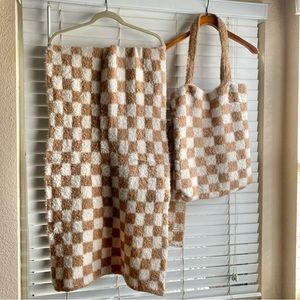 Free People Tan and Cream Checkered Tote